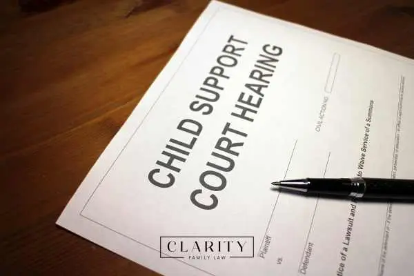 a form for a child support court hearing on a desk