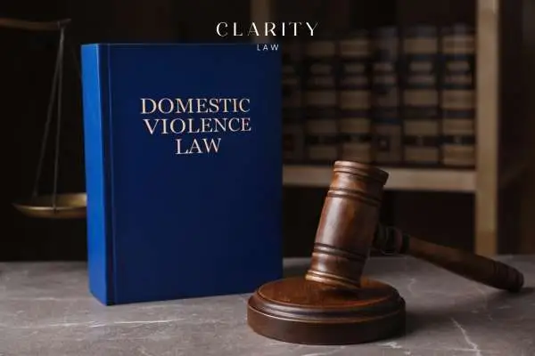 a legal book covering domestic violence statutes and a gavel on a lawyers desk