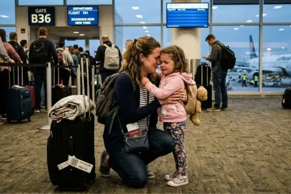 Mother and young daughter sharing an emotional goodbye hug in an airport.