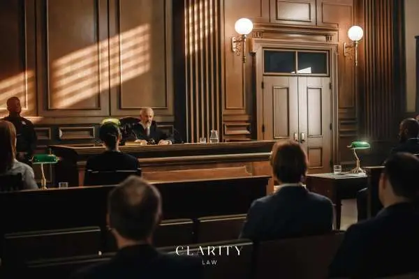 Judge overseeing courtroom with two other individuals present