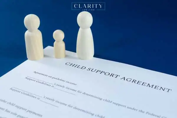 child support order forms and models for a family in front of a blue background