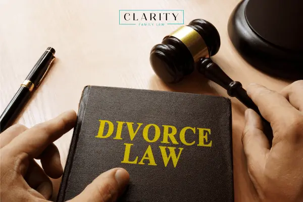 A book titled "DIVORCE LAW" in yellow letters is held by a person. A gavel and a pen are also visible on the table.