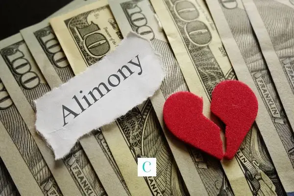 A broken heart and a ripped sheet with the text "Alimony" on top of dollar bills.