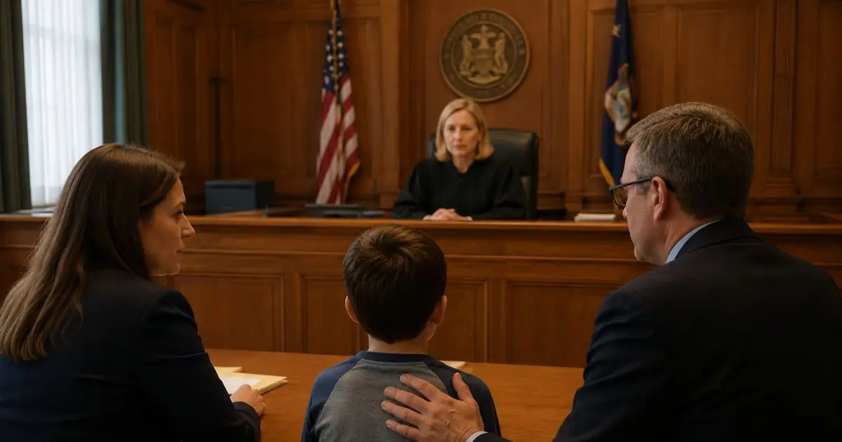 Family in a Michigan courtroom during a child custody hearing with a judge presiding.