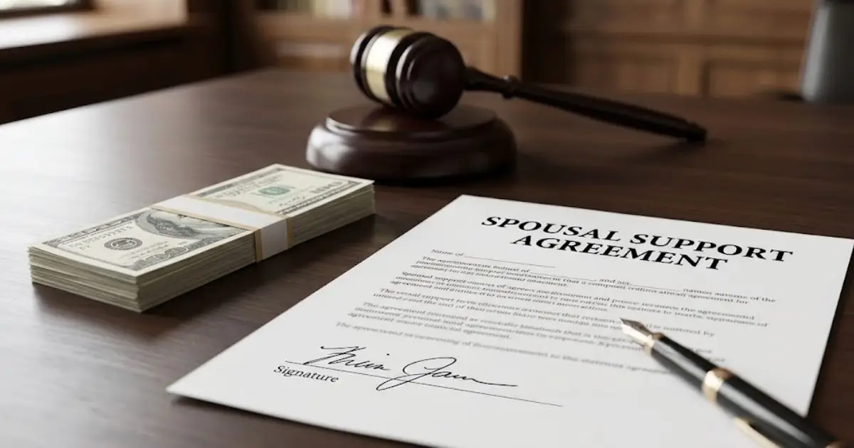 Spousal Support Agreement" document on a wooden desk with a stack of money and a judge's gavel.