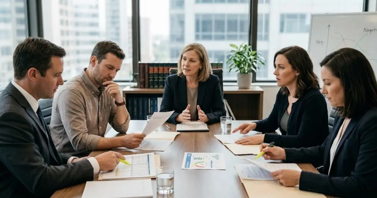 Divorce mediation session with a mediator and couple reviewing financial documents.
