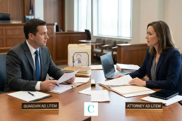 A side-by-side split image contrasting a male "Guardian Ad Litem" and a female "Attorney Ad Litem" in legal settings.