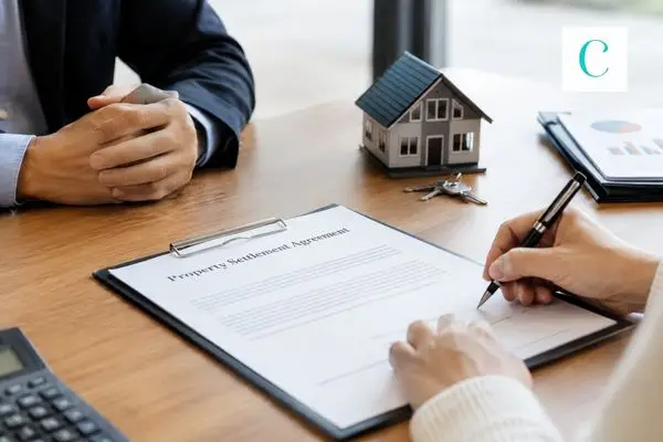 Property settlement agreement with a home, keys, and signed legal documents.