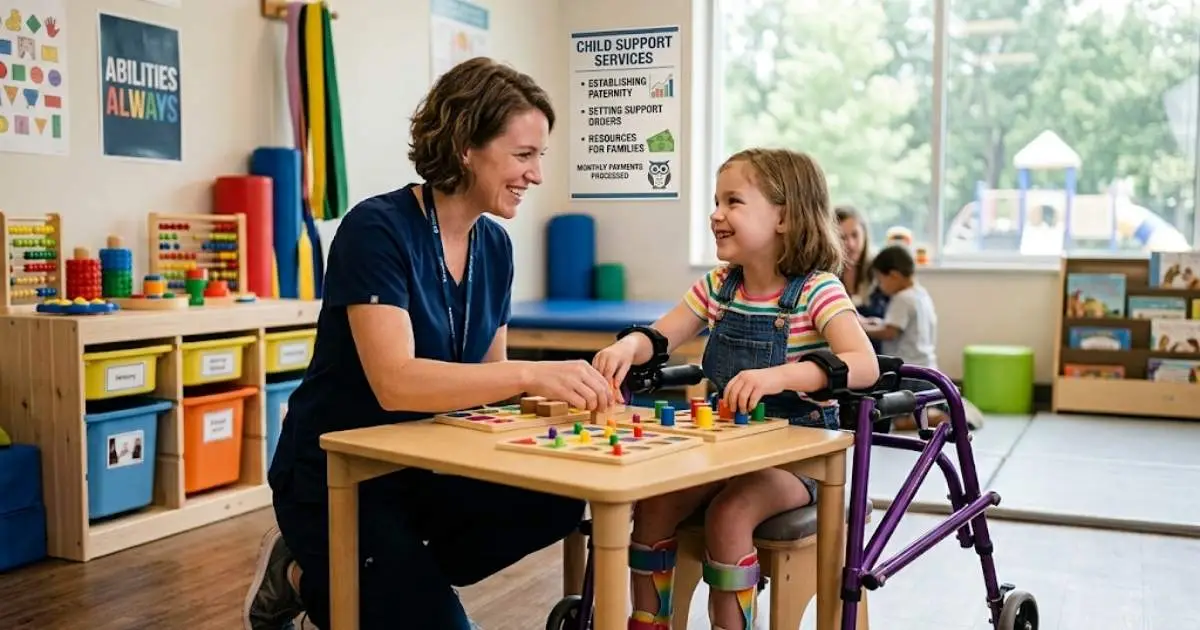 A female therapist and a young girl in a walker smiling and playing with puzzles in a pediatric clinic.
