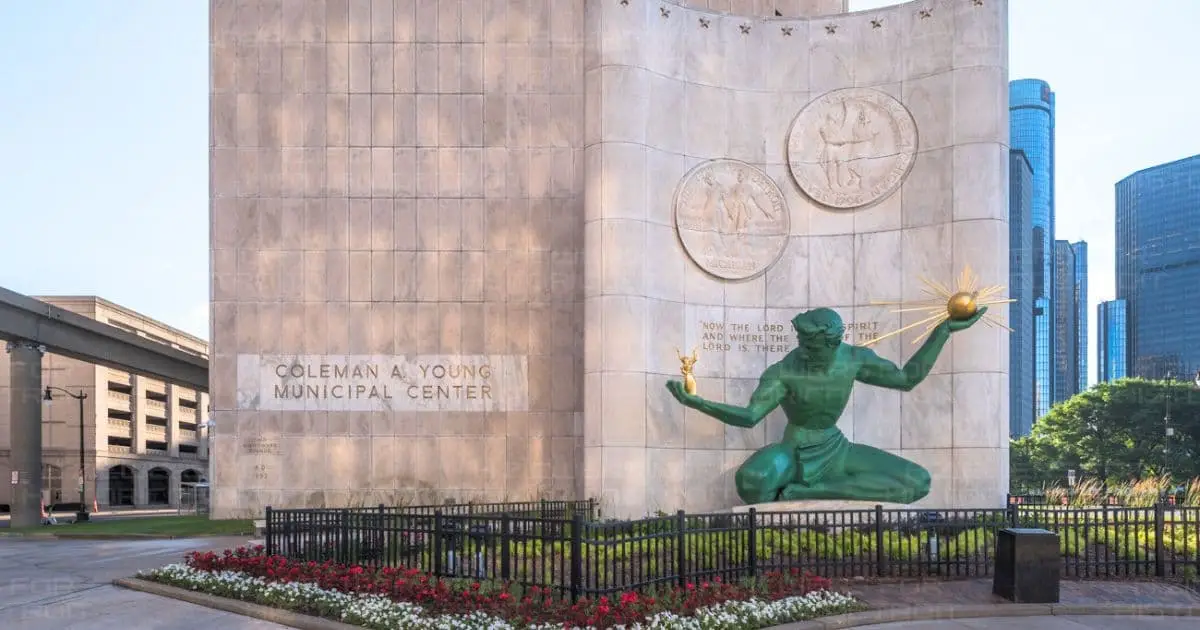 outside of the Coleman a Young Center statue