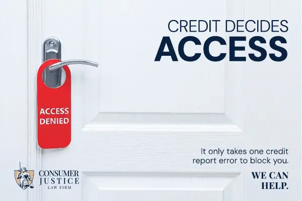 A locked door shows how access depends on credit reporting agencies.