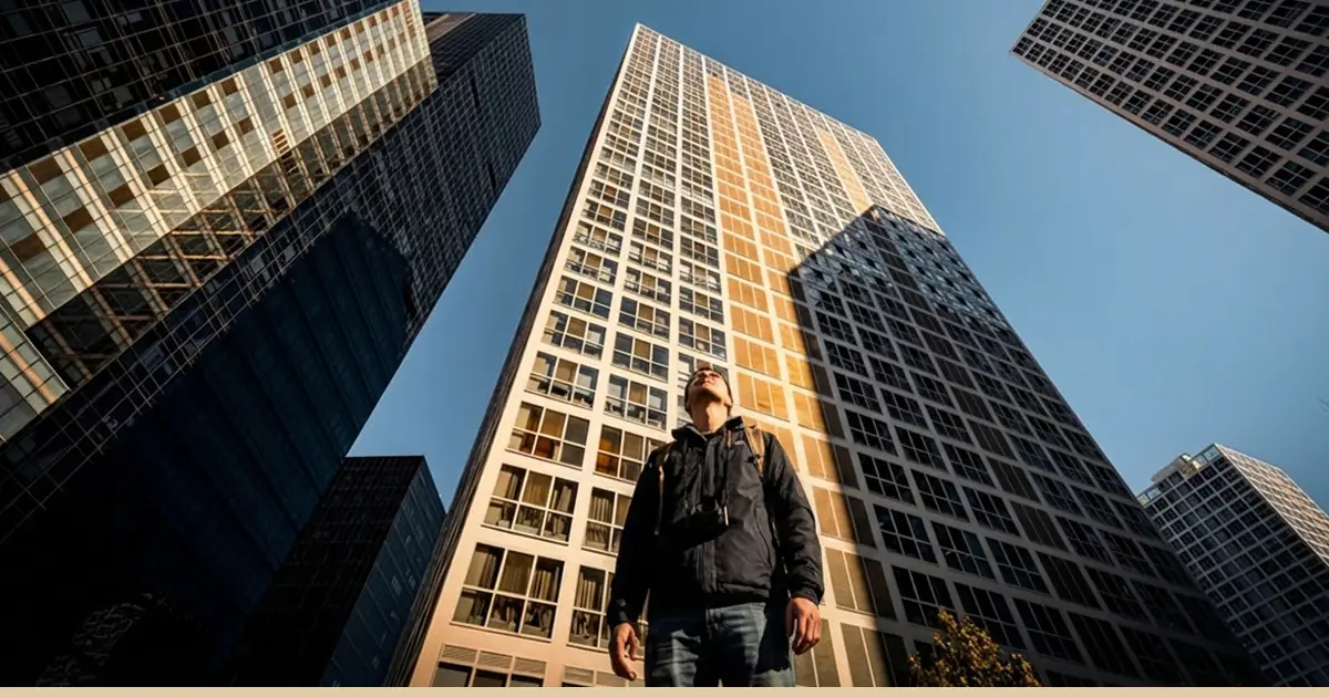 A man looks up at tall buildings with credit reporting agencies.