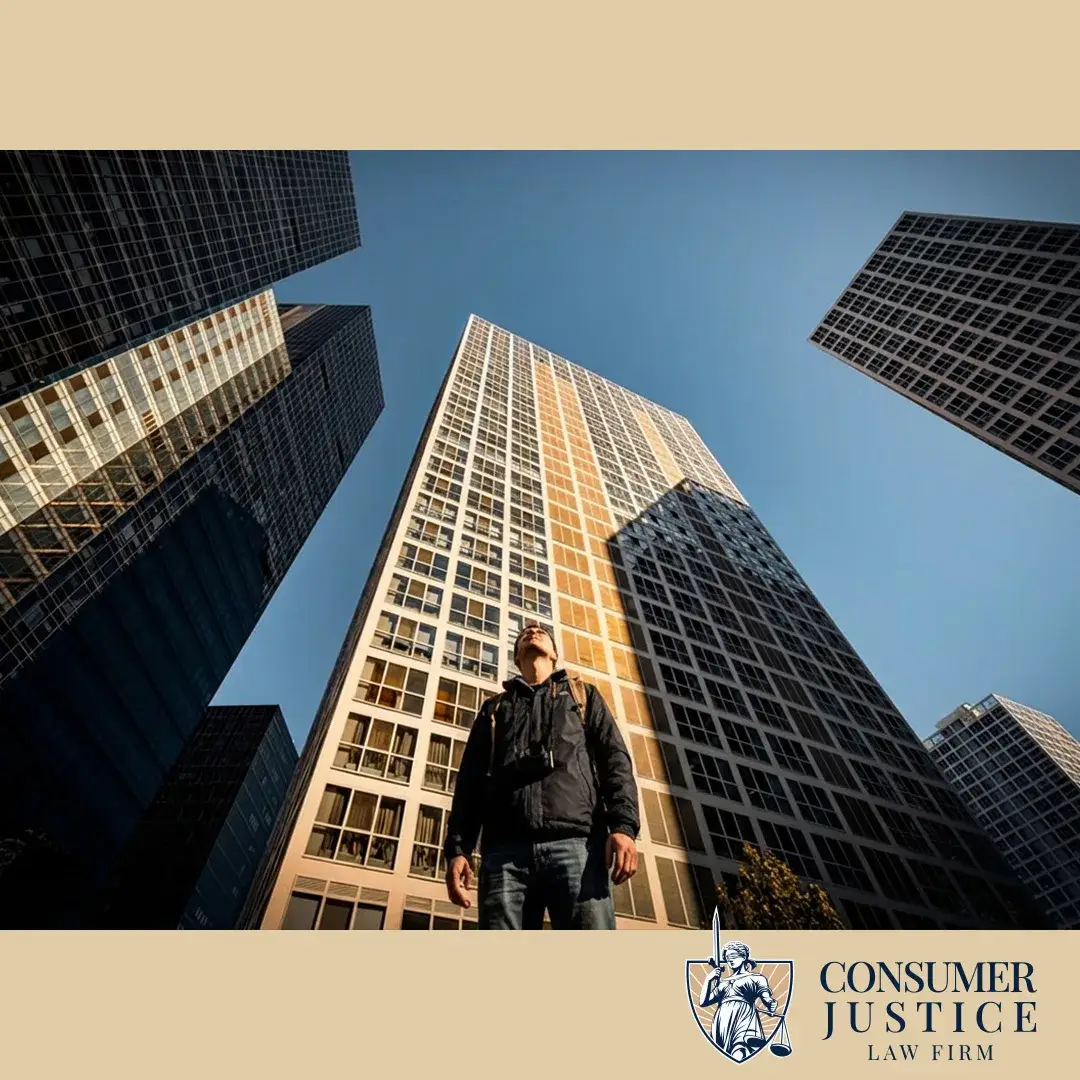 A man looks up at skyscrapers conveying the size of the 3 credit reporting agencies.