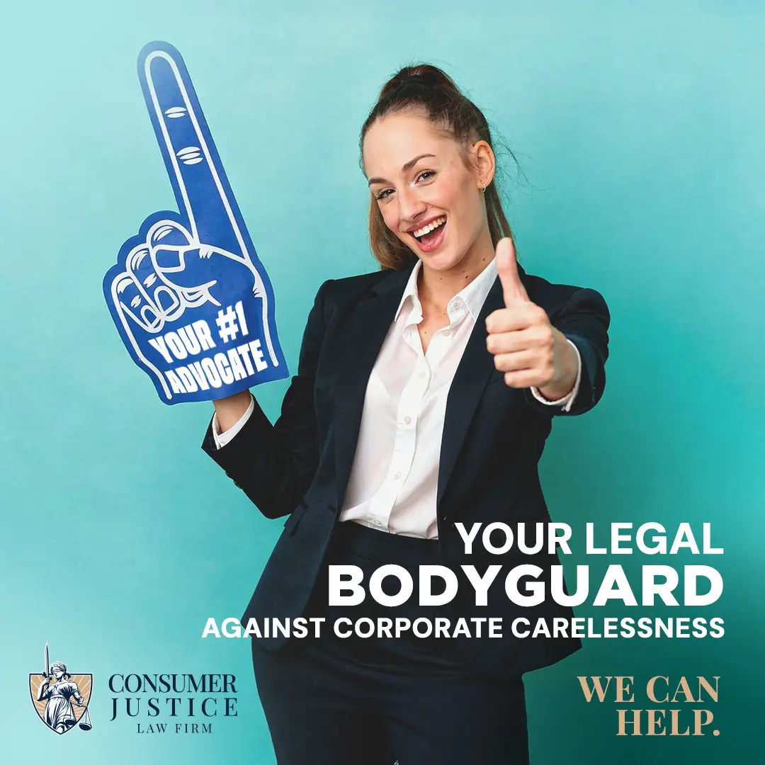 A consumer law attorney holds a sign showing she's a dedicated consumer advocate.