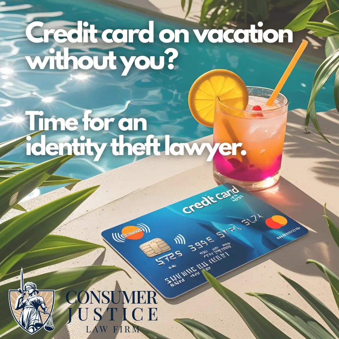 A credit card is poolside in a tropical location with "Credit card on vacation without you?" The image conveys a need for an identity theft lawyer.