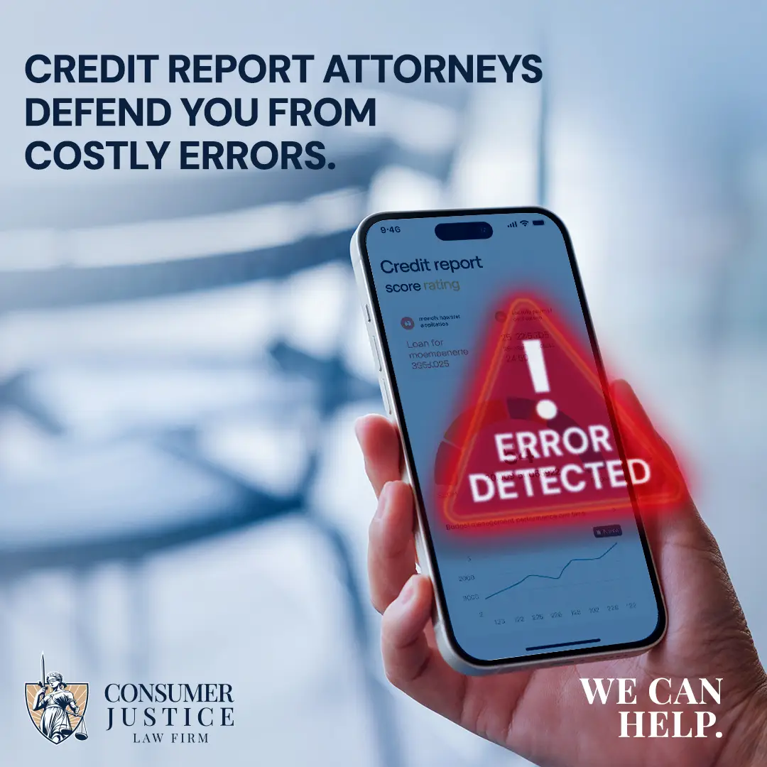 Someone checking their credit score on a mobile device sees an error, implying credit report attorneys can help.