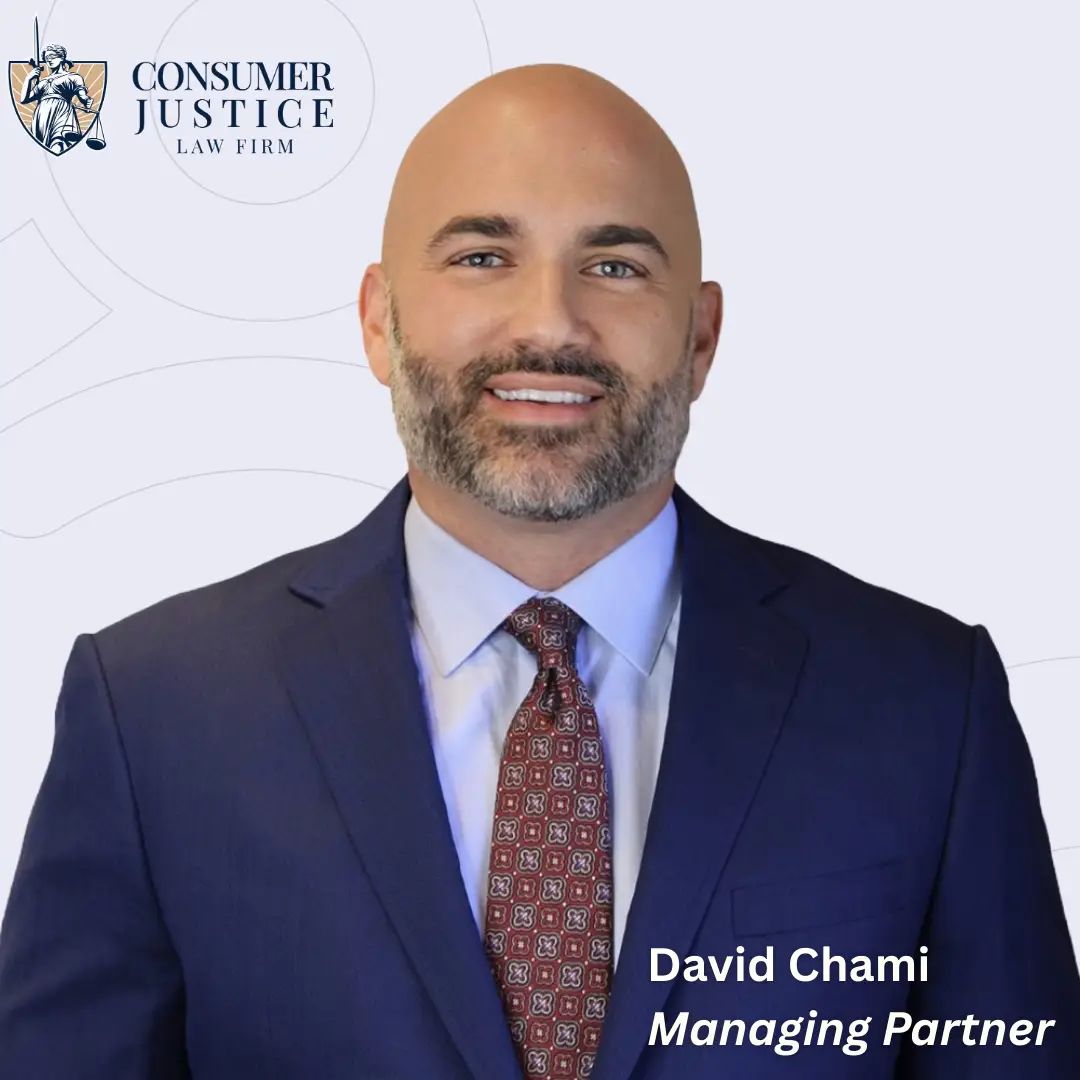 Headshot of Consumer Justice Law Firm Managing Partner, David Chami, who is one of the attorneys representing Stephanie Stephens in her lawsuit.
