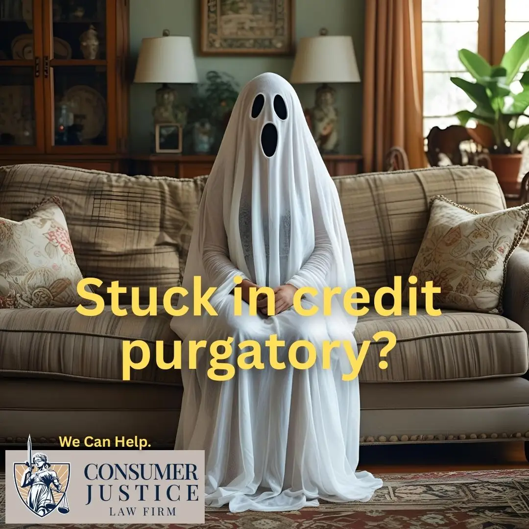 A ghost sits on a living room sofa. It conveys that a lawyer can help when you're reported as deceased on a credit report.