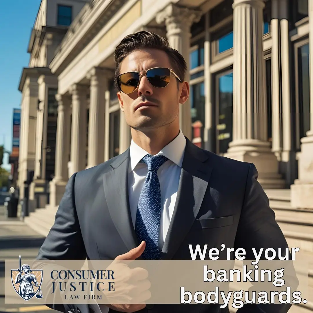 An EFTA lawyer in sunglasses stands in front of a bank. It conveys the power to help you.