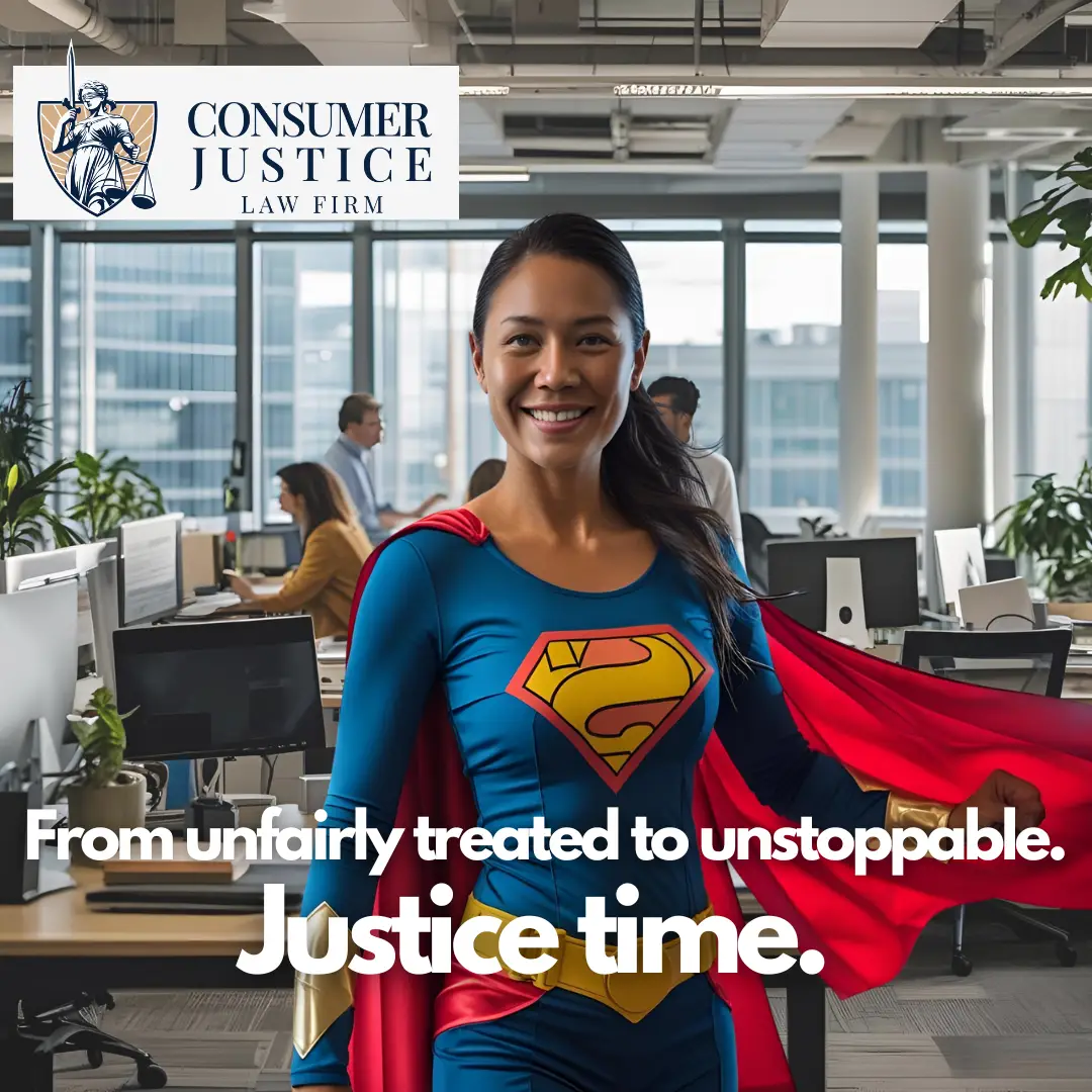 A woman in a superhero costume stands in a busy office space. It conveys the empowerment of hiring an employment discrimination lawyer to fight back.