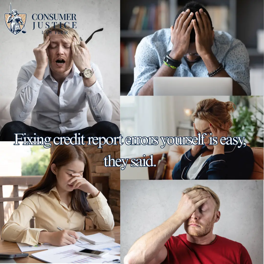 A series of five images showing frustrated and defeated consumers with their hands on their heads from overwhelm due to credit report errors.