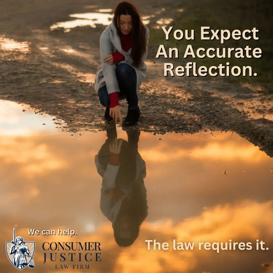 A woman looks at her reflection in the water. It conveys that a HireRight lawsuit can fix inaccurate reports.
