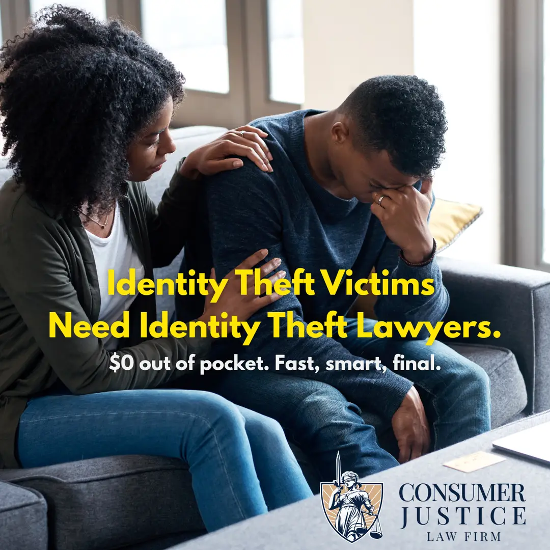 A couple sits on a sofa, stressed out. It conveys that using a lawyer for identity theft recovery helps relieve stress and overwhelm.