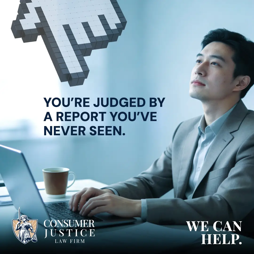A man sits at his laptop, learning that he's being judged for data in his LexisNexis consumer report, which he never knew about.