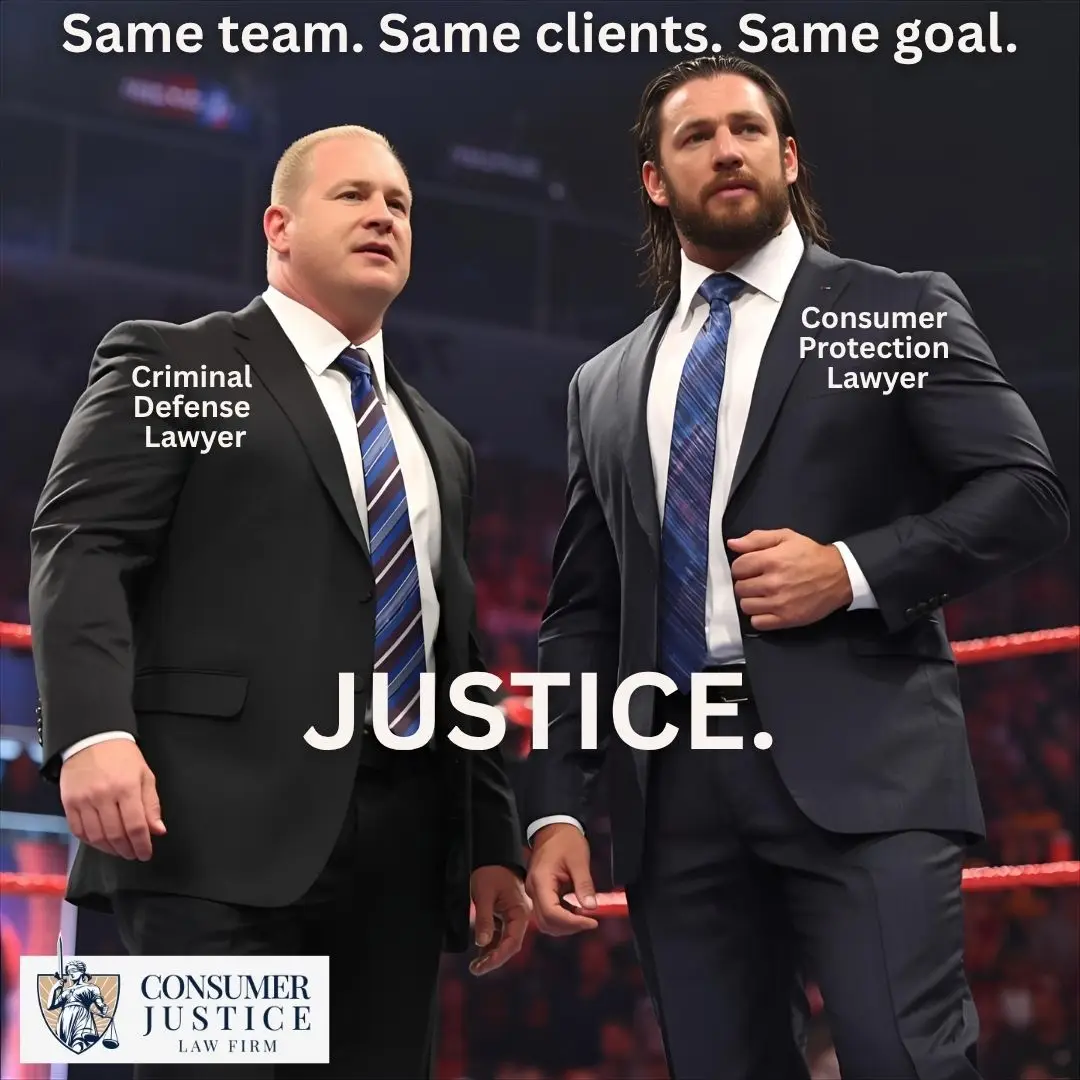 Two lawyers in a wrestling ring suggest the NACDL and Consumer Justice Law Firm are on the same team.