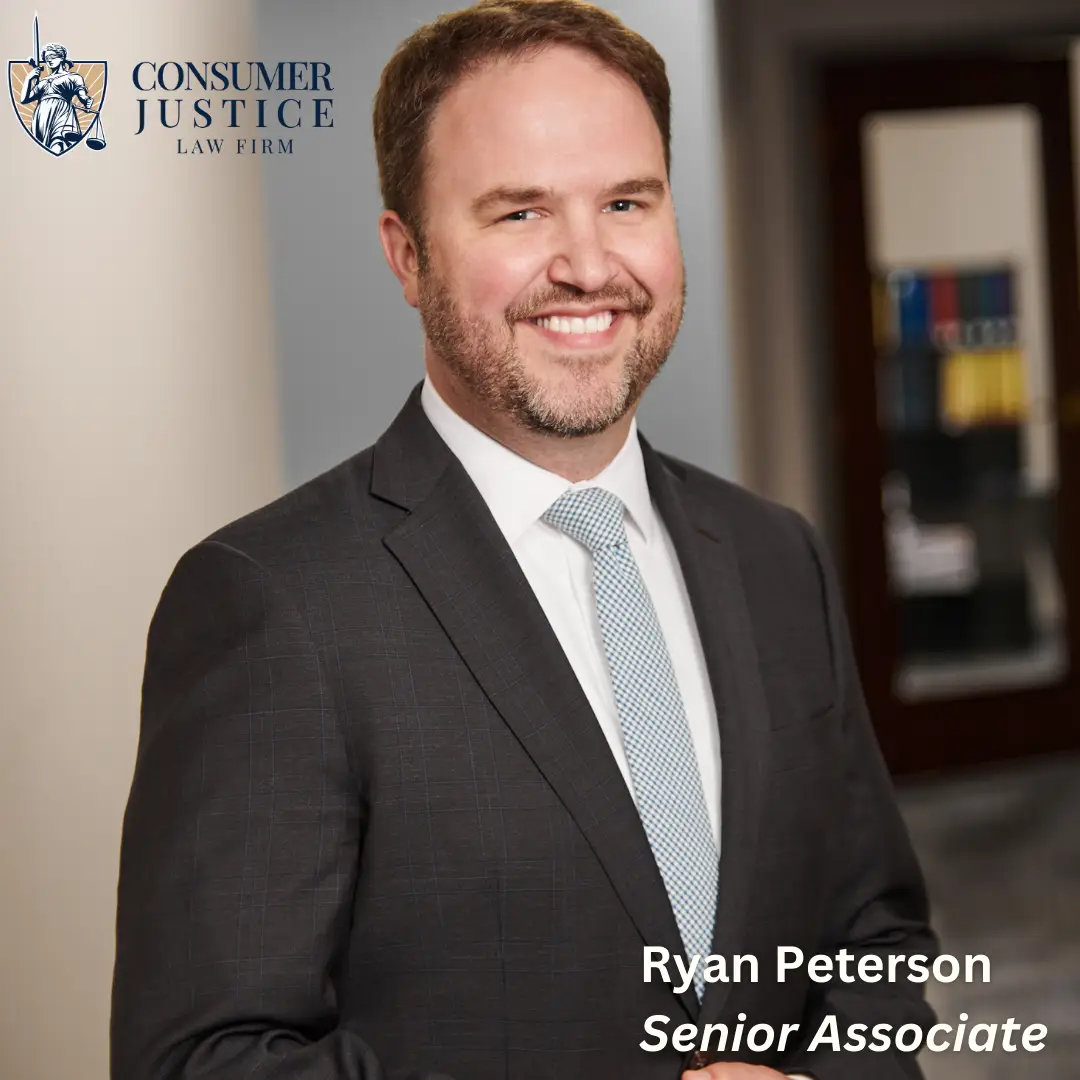 Headshot of Consumer Justice Law Firm Senior Associate Ryan Peterson who helps clients fight for fixes and compensation after an unfair DoorDash account deactivated status based on background check errors. His name, title, and the firm logo also appear as text.