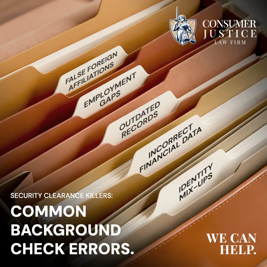 A file cabinet contains folders with titles reltaed to background check errors that block security clearnce jobs.