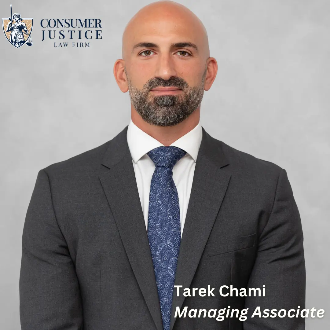 Headshot of Consumer Justice Law Firm managing associate attorney Tarek Chami who helps clients fight tenant background check errors.