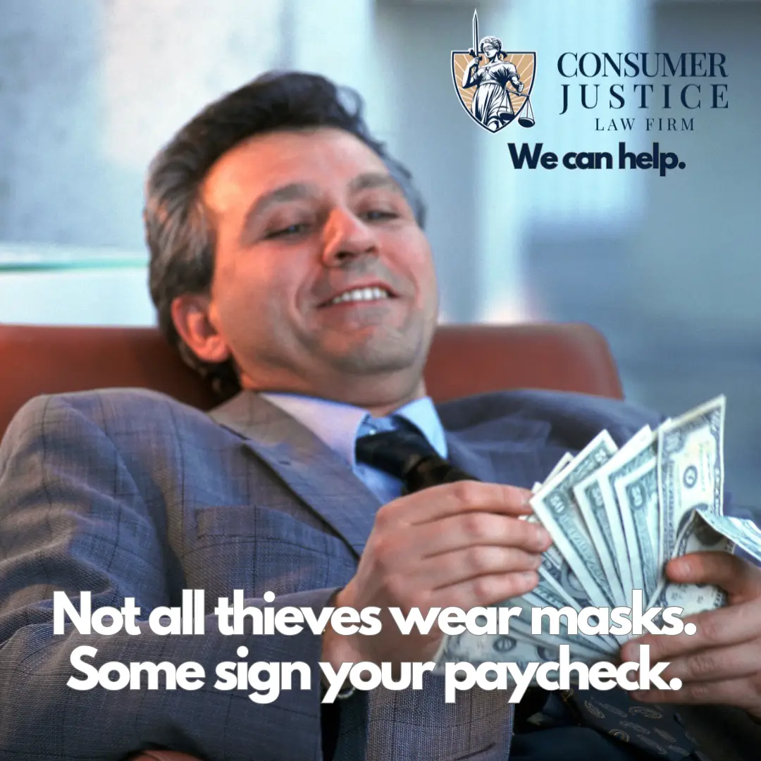 A man in a suit reclines in his desk chair, smiley smugly and counting cash. It conveys that an unpaid overtime lawyer stops your boss from stealing.