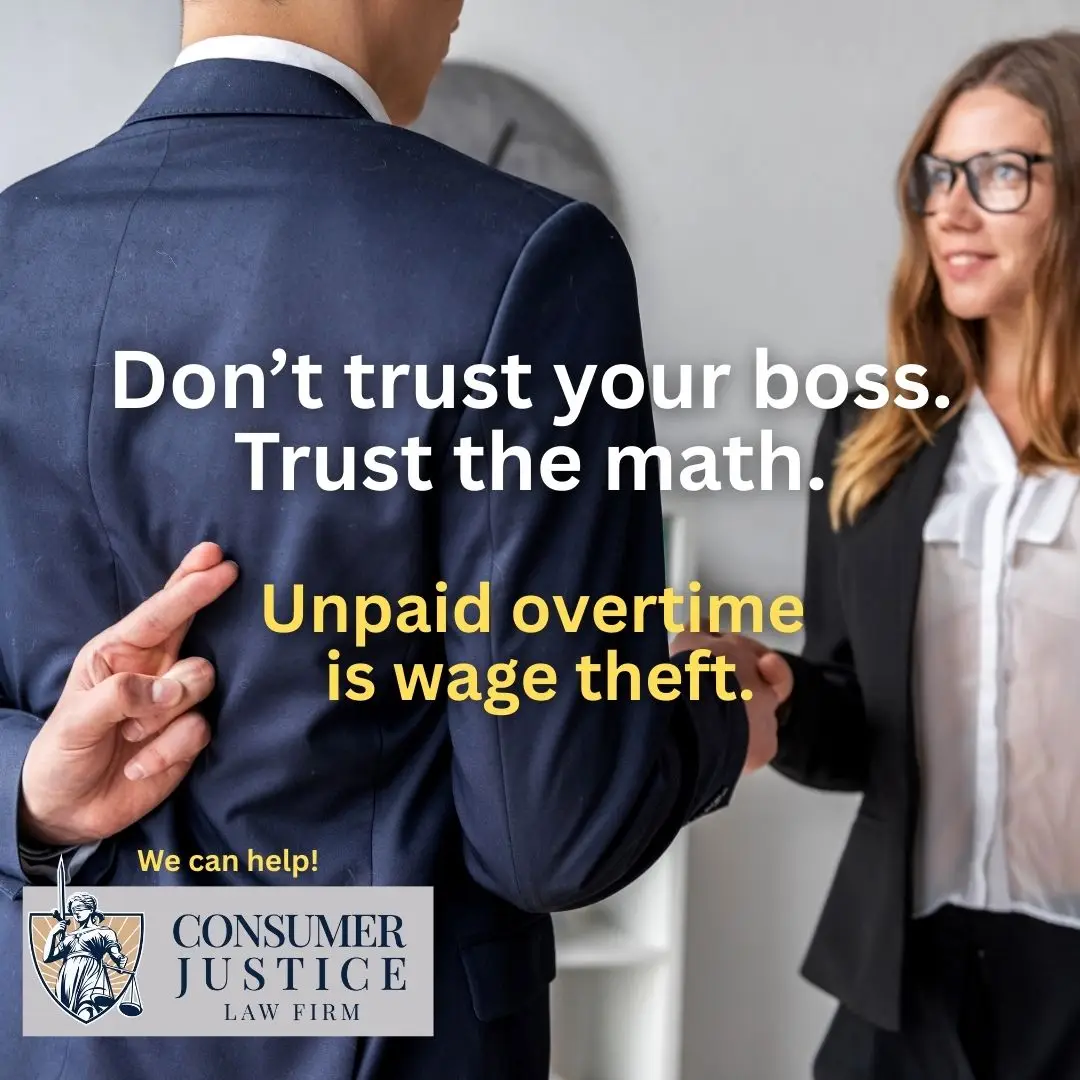 Fingers are crossed behind a back while shaking someone's hand. It shows not to trust a boss with unpaid overtime.