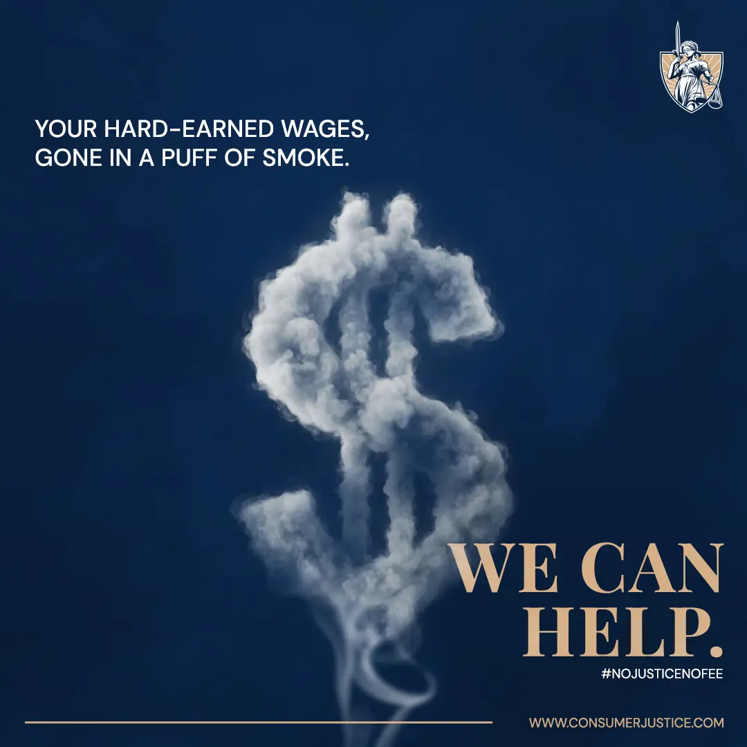 A dollar sign made of smoke conveys that wage theft can disappear wages in a puff of smoke.