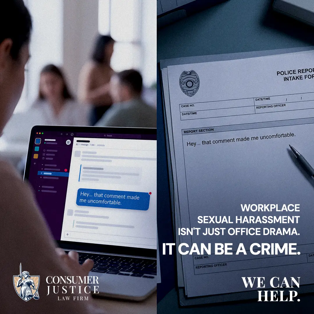 A victim of workplace sexual harassment files a police report.