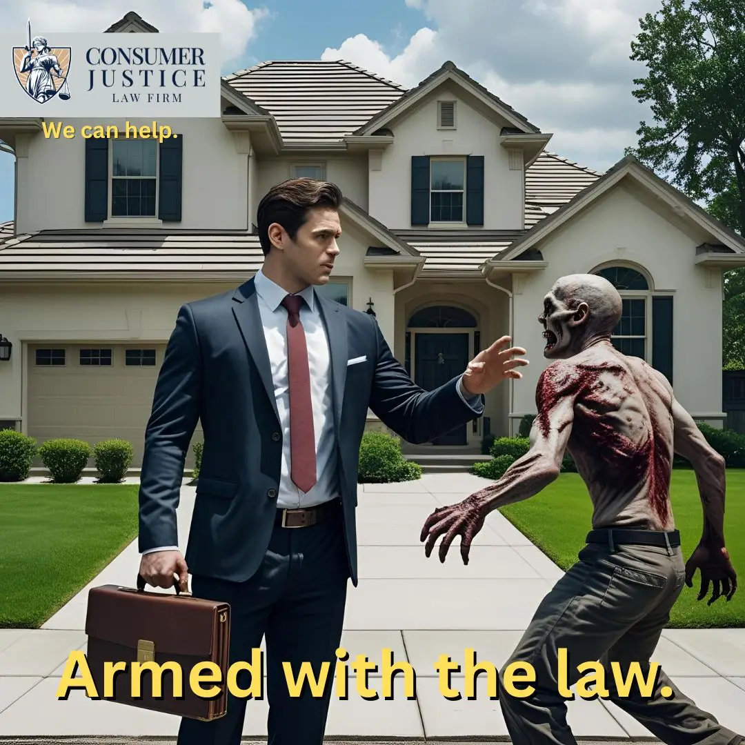 A lawyer holds his hand out to stop a zombie. It conveys that a lawyer can help fight a zombie mortgage.