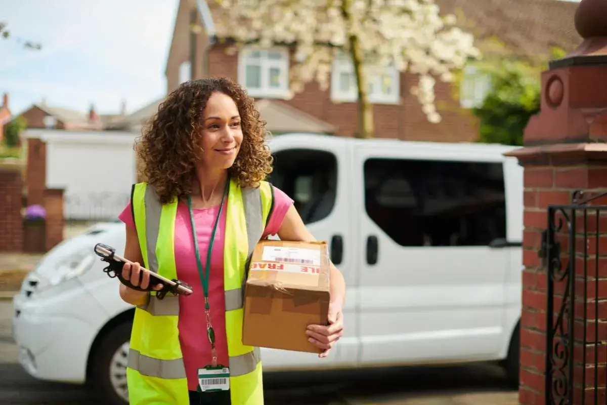 A female delivery driver with a smile on her face, wearing a bright green safety vest, carries a package. A delivery van sits in the background. The image conveys the joy of a driver being back on the road after working with Consumer Justice Law Firm to clear up career-altering Amazon Flex background check errors.