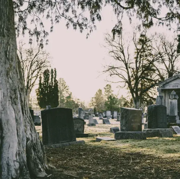 An overcast graveyard scene conveys the seriousness of a consumer deceased designation. 