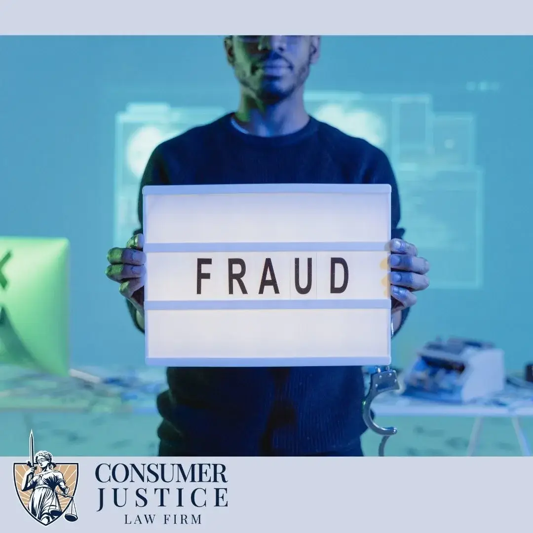 A man holds a FRAUD sign, conveying the need for a consumer fraud lawyer.