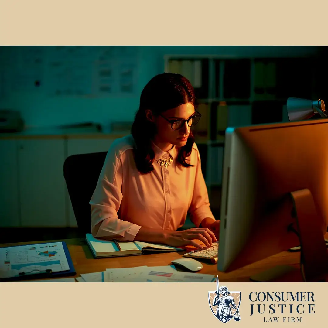A woman sits before a computer. It conveys the importance of checking your reports for Corelogic Credco.