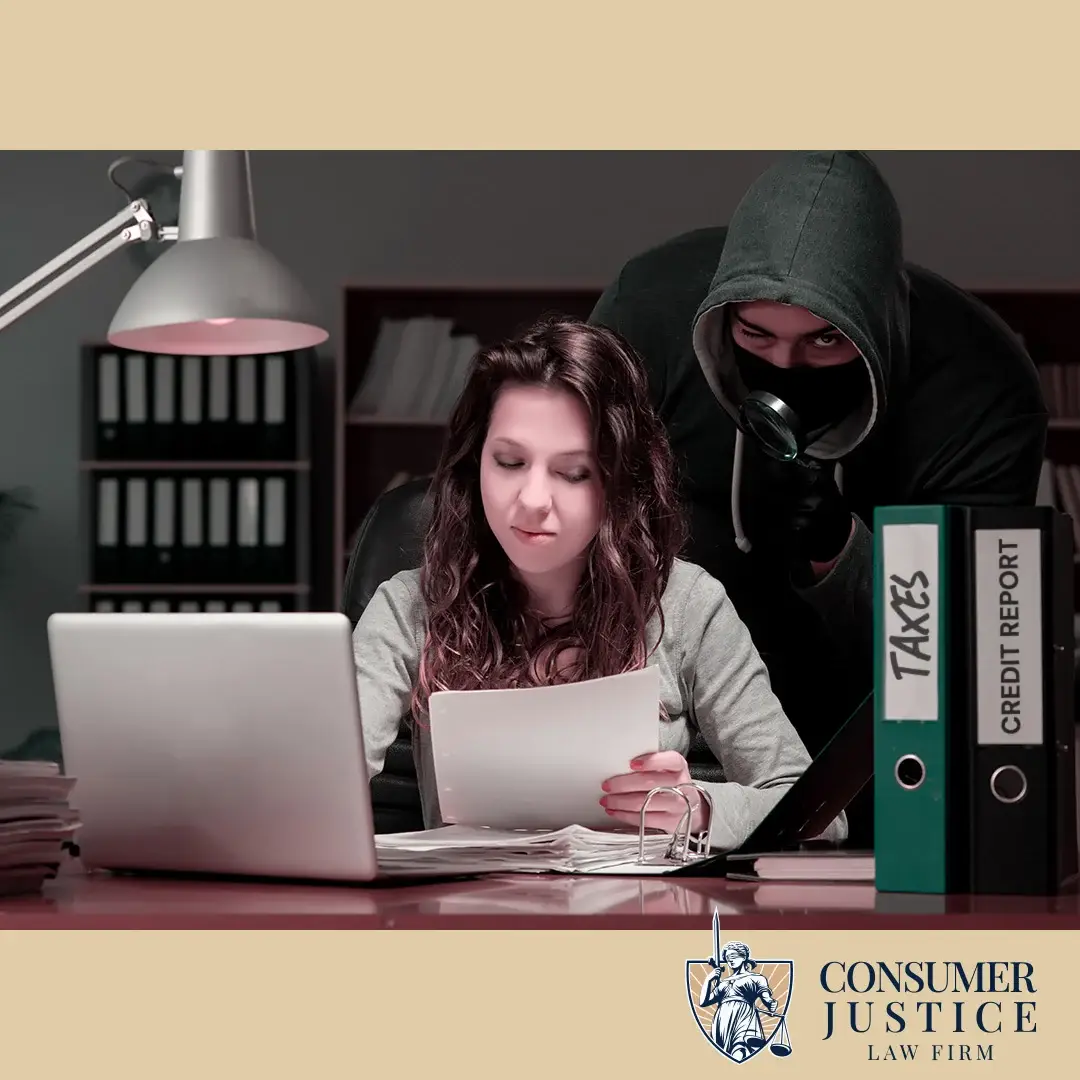 A woman working on her taxes is unaware of someone behind her, conveying tax identity theft.