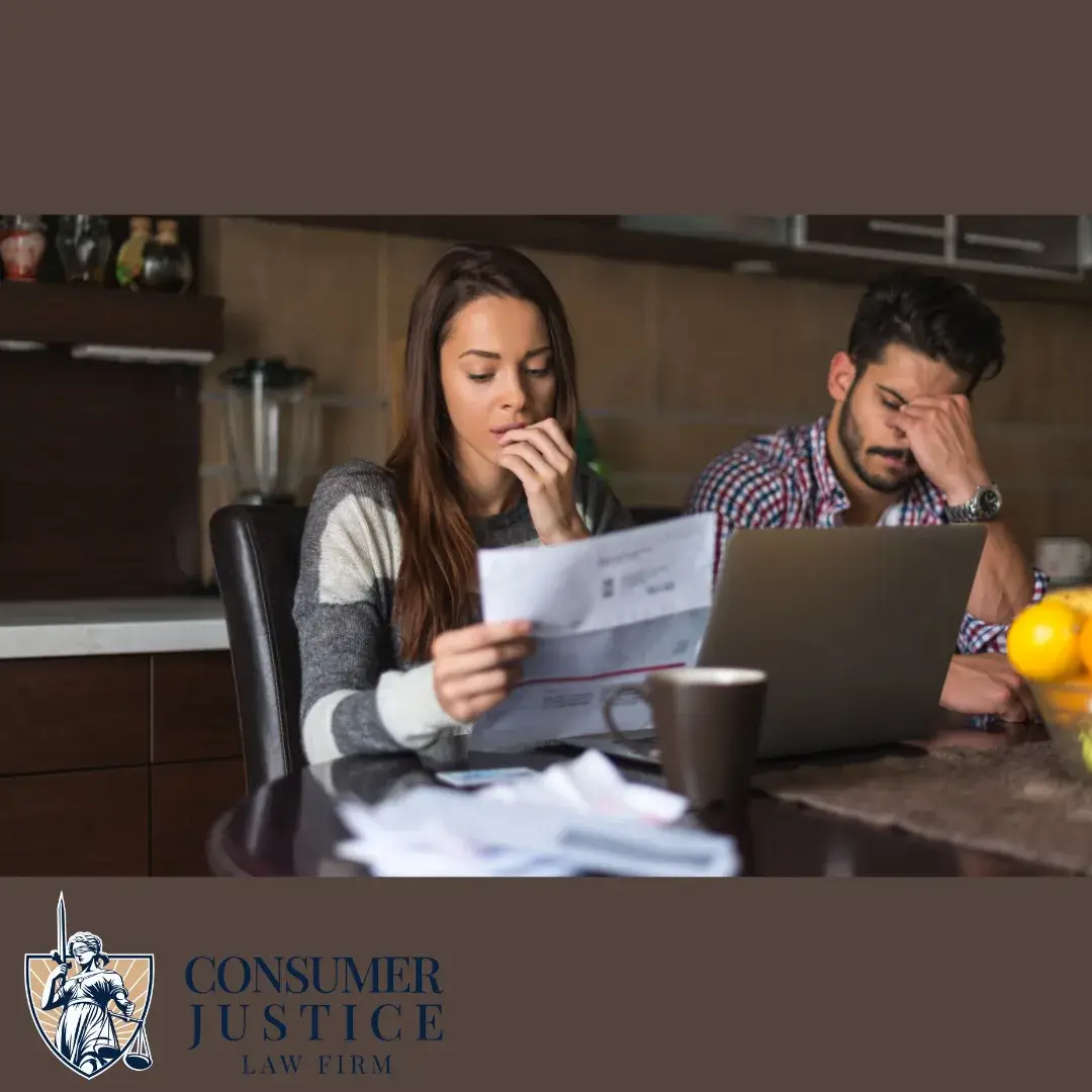 A couple sits at a table looking at a billing statement, stressed out. It conveys that the law firm can dispute charges and protect their credit score.