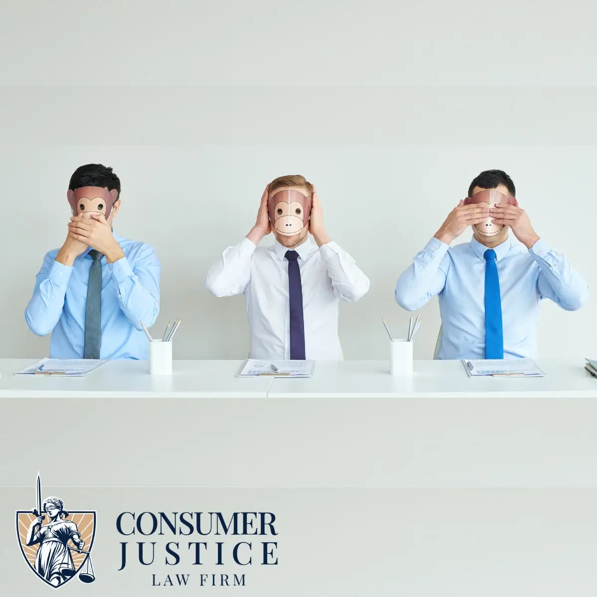 Three corporate guys wear masks and block their eyes, ears, and mouths, implying that without credit lawyers, credit bureau disputes get ignored.