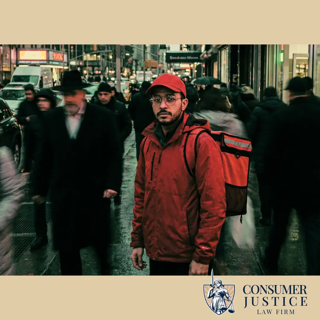 A delivery driver stands in a crowd, looking defeated from an unfair DoorDash deactivation.