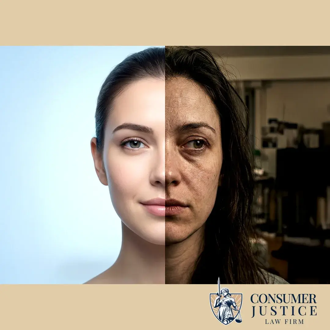 A woman's face is divided, with synthetic identity theft showing a fake version of her.