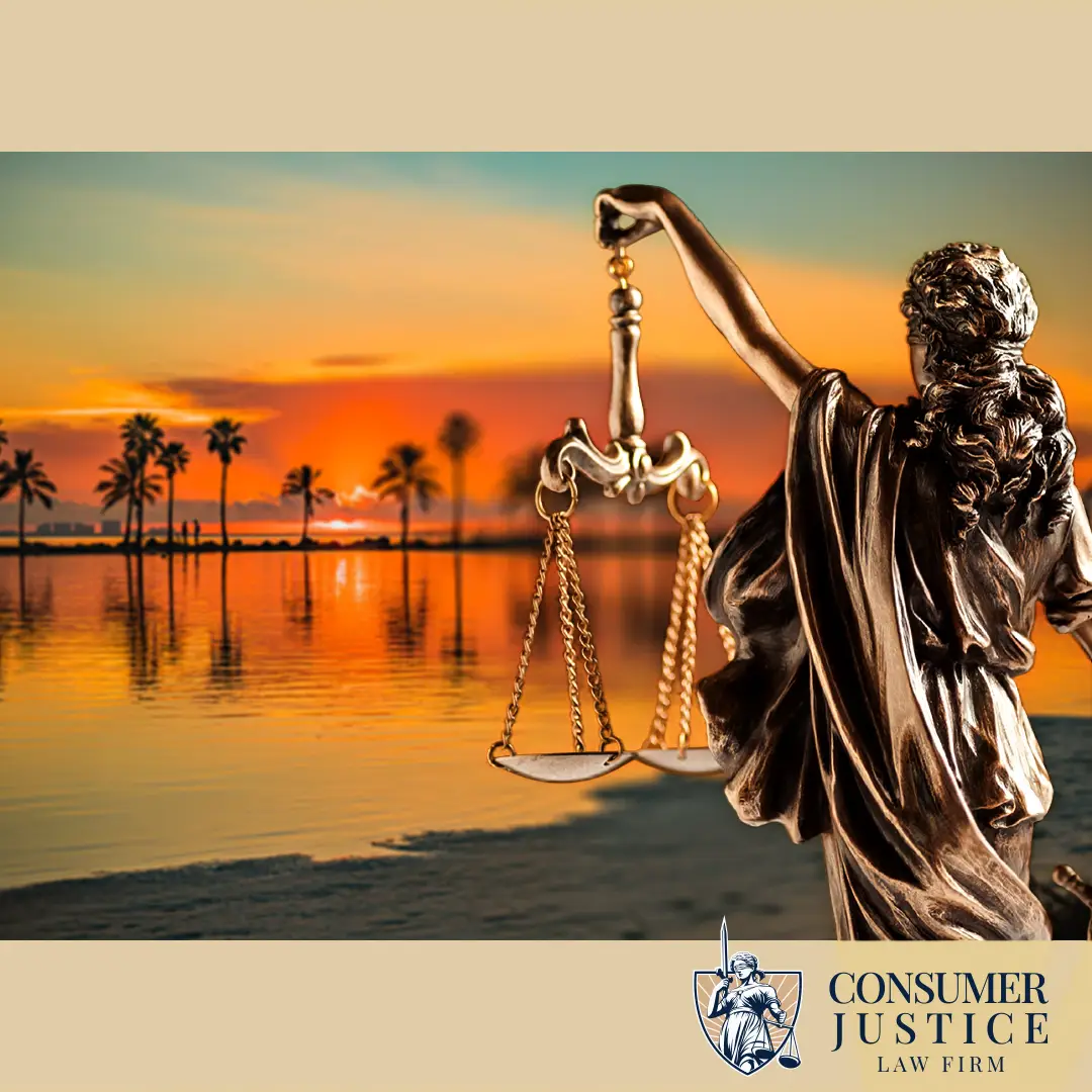 Lady Justice holds the scales of justice at the beach, conveying the improtance of credit report attorneys in FL and GA.