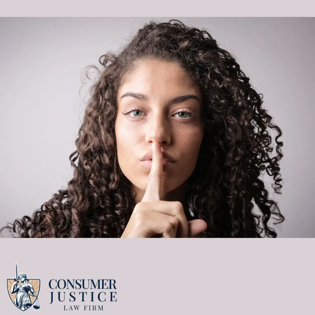 A woman holds her finger up, revealing she knows a secret. It conveys that there's a secret to credit bureau lawsuits.