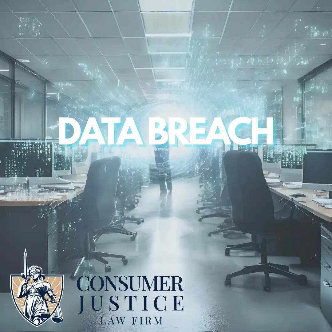 A swirl of electric blue light with the words Data Breach appears in an office setting. The image implies that an identity theft lawyer can help.