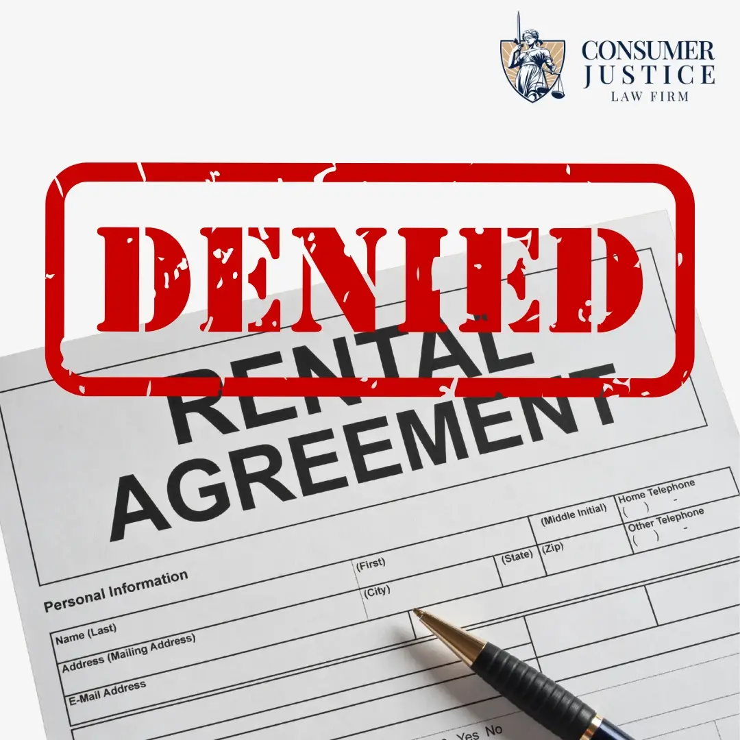 A rental contract has a red stamp across the top that says DENIED. It conveys the harshness of being denied due to tenant background check errors.